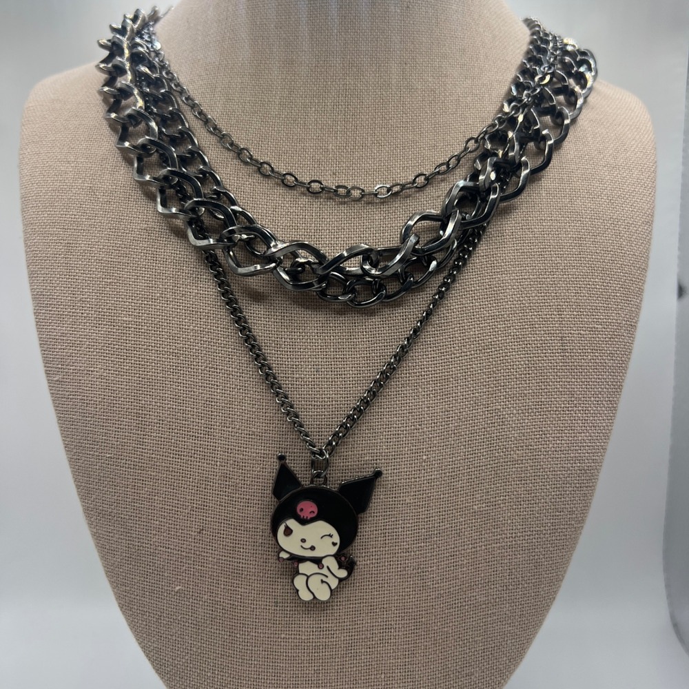 Sanrio Kuromi Layered Necklace Gunmetal Multi Strand Enamel Pendant 2022